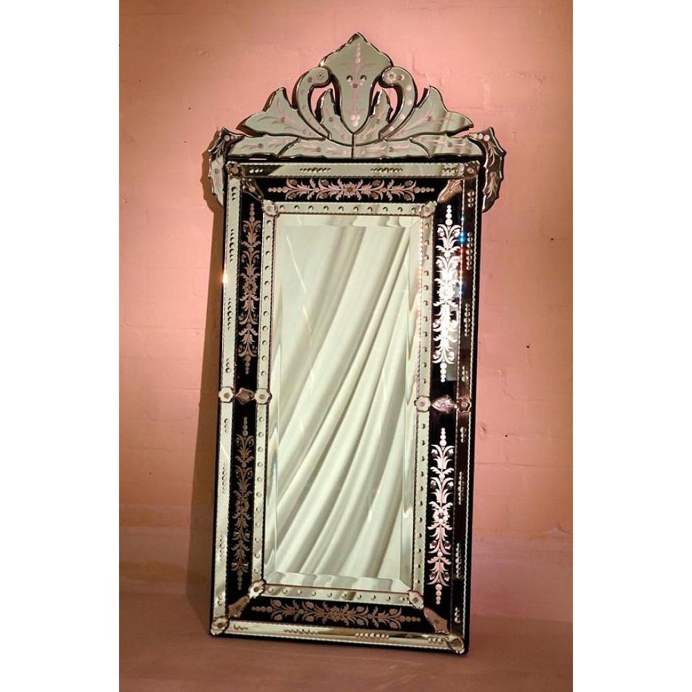 Elaborate Rectangular Venetian Glass Mirror With Etched, Cut And Moulded  Glass Details, Italy Circa 1950.