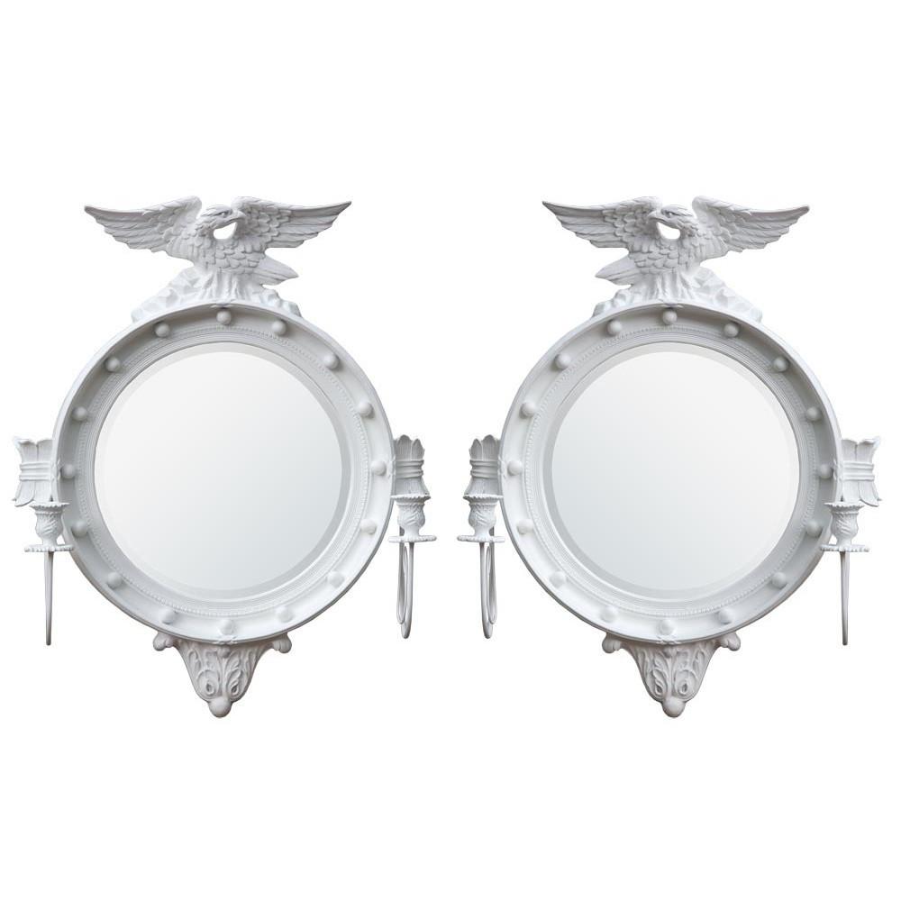 Pair of White Circular Eagle Crested Empire Wall Mirror Candle Sconces CFT012-WH-SET