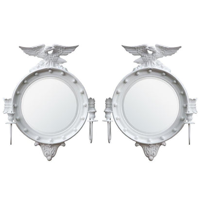 Pair of White Circular Eagle Crested Empire Wall Mirror Candle Sconces CFT012-WH-SET