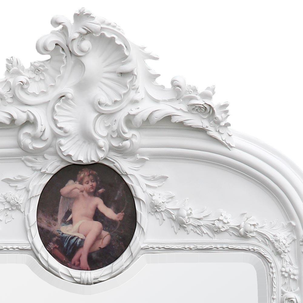 Rocaille Carved French Style White Painted Cherub Portrait Wall Mirror Close Up CFT831-WH