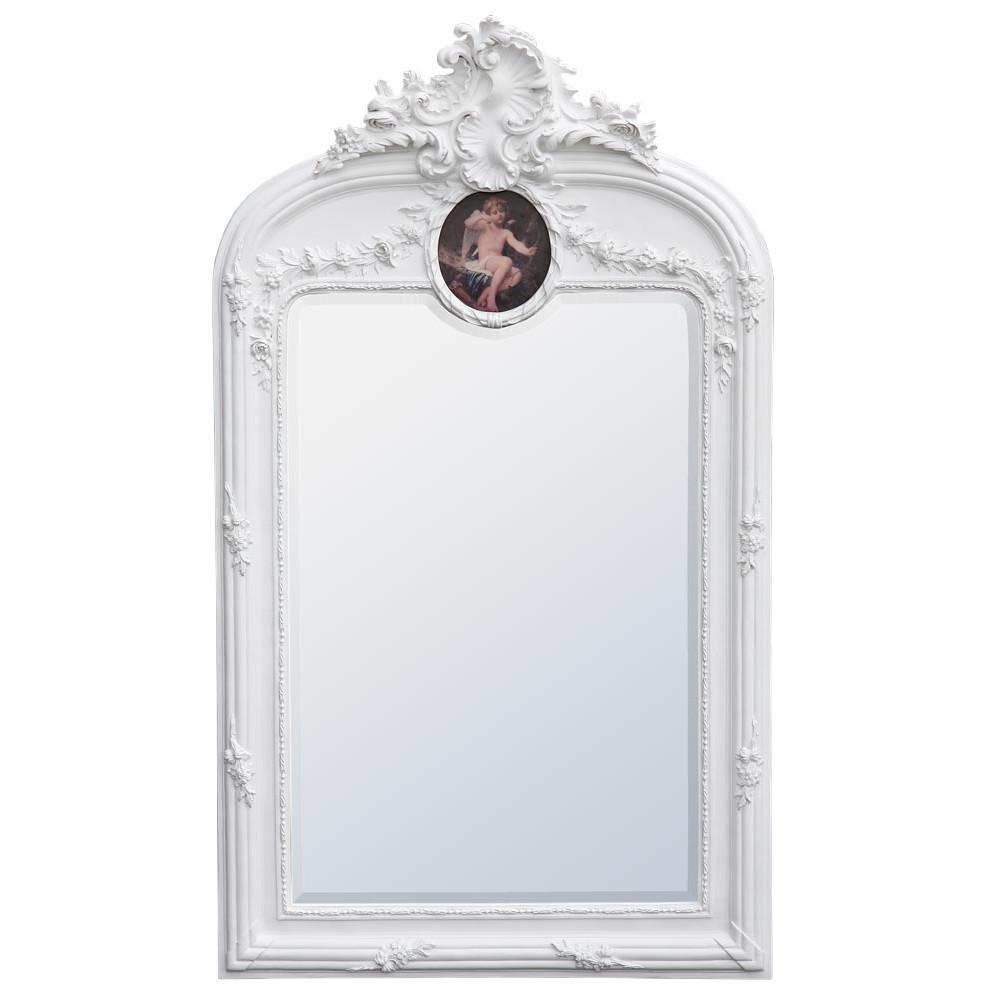 Rocaille Carved French Style White Painted Cherub Portrait Wall Mirror CFT831-WH