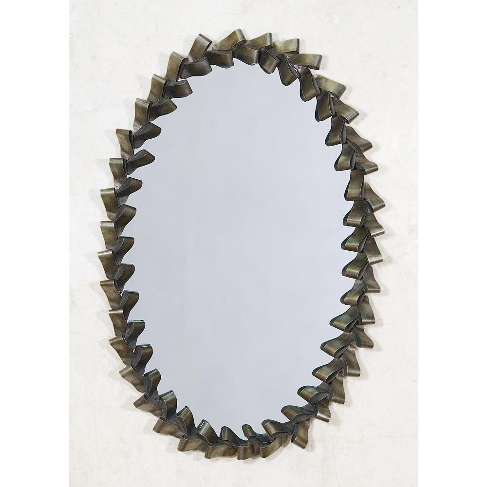 Dark Silver Ribbon Metal Framed Oval Wall Mirror Cream Background CMM082