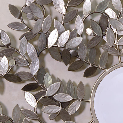 Rose Leaf Effect Silver Metal Round Framed Wall Mirror Close Up CMM115