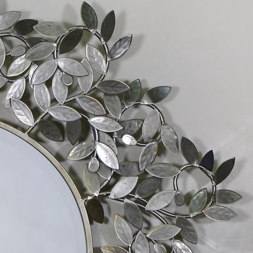 Leaf Effect Silver Metal Round Framed Wall Mirror Close Up CMM116