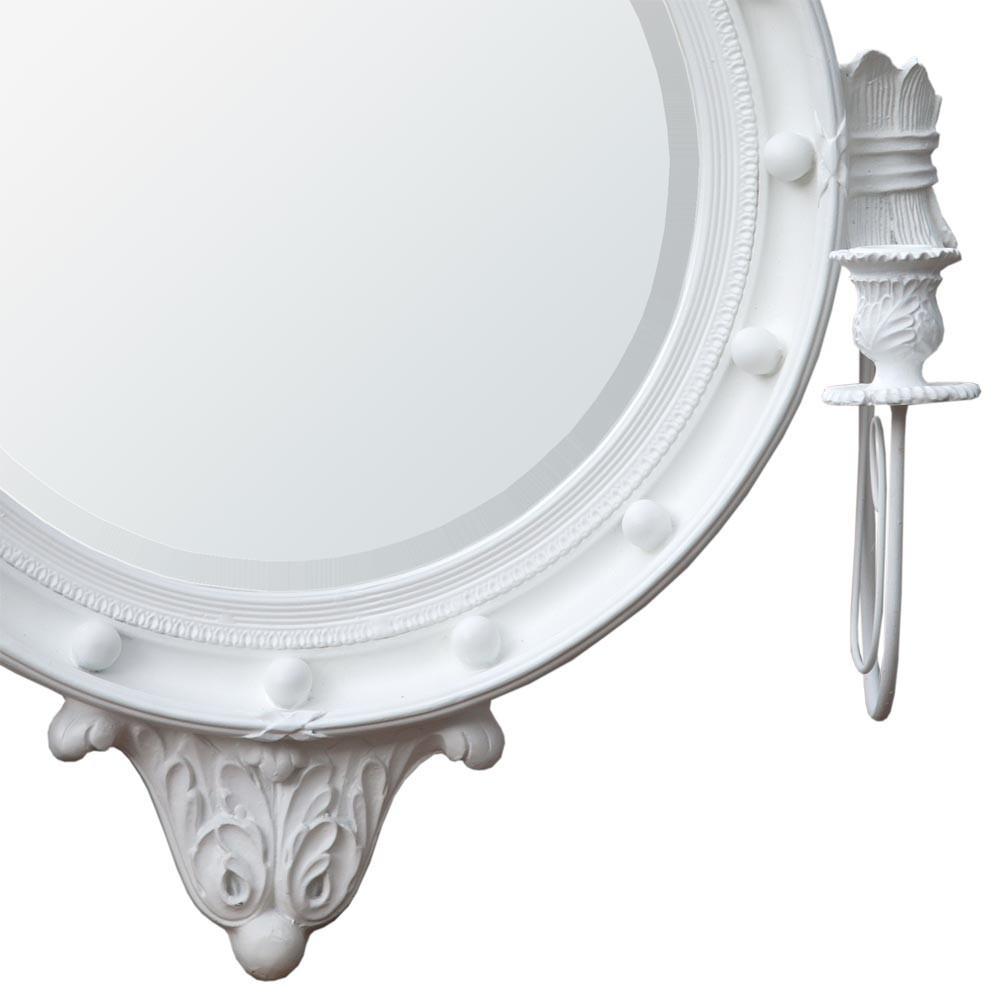 Pair of White Circular Eagle Crested Empire Wall Mirror Candle Sconces Close Up Bottom CFT012-WH-SET