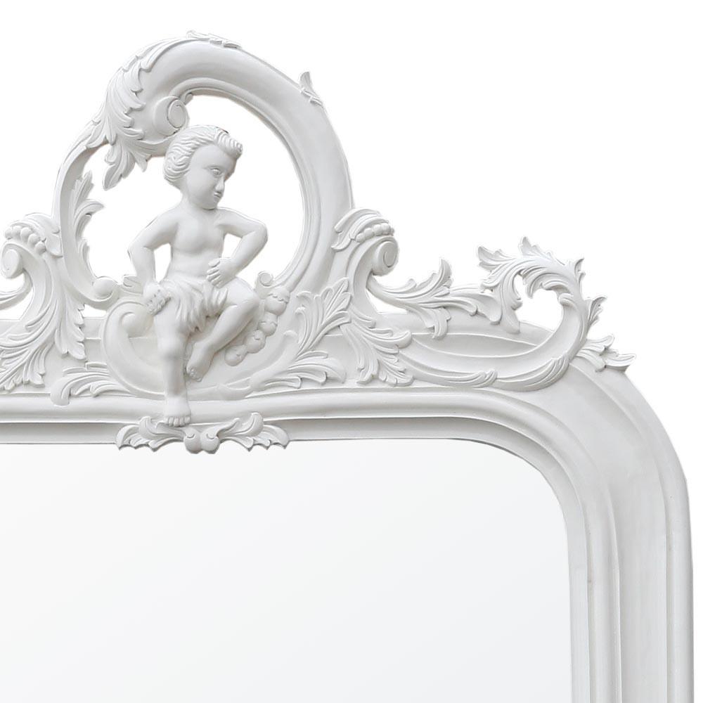 White Ornately Carved Neoclassical Cherub Crested Floor Mirror Close Up J6003-TW