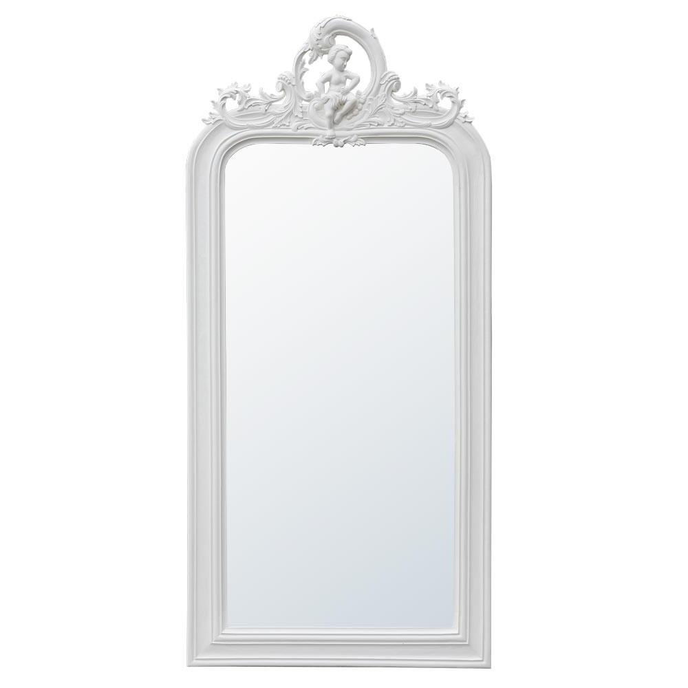 White Ornately Carved Neoclassical Cherub Crested Floor Mirror J6003-TW