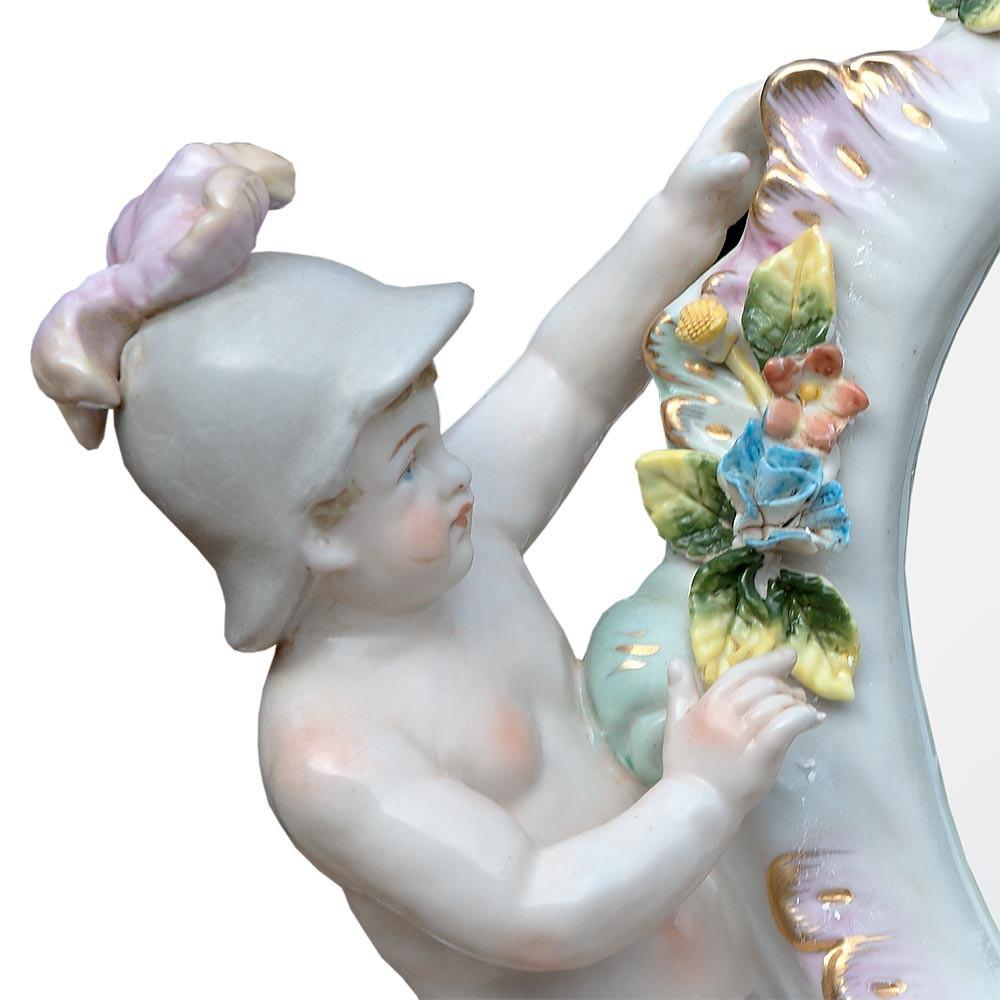 Round Ceramic Table Mirror with Cherubs Close Up Left PD0262